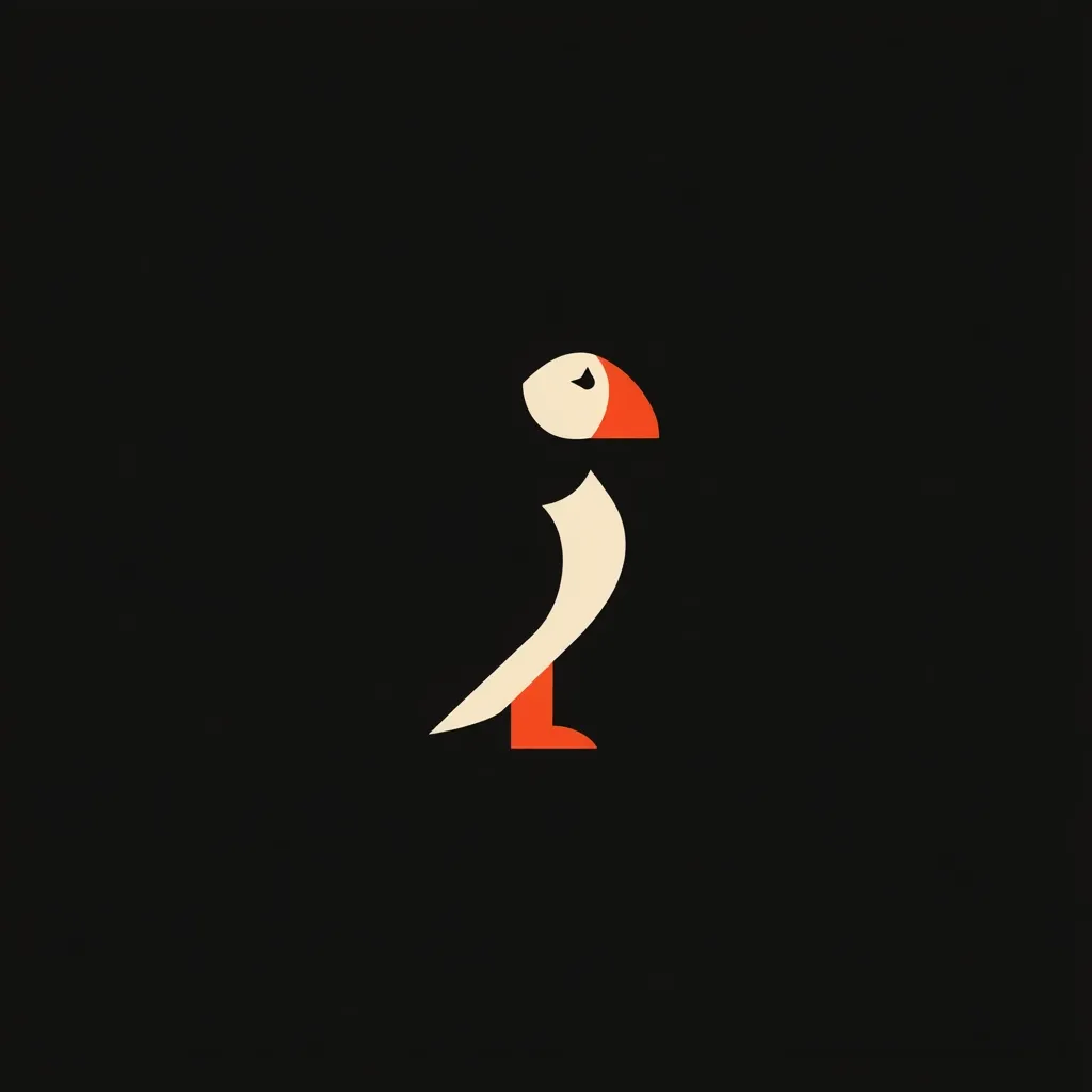 A minimalist illustration of a puffin is presented against a stark black background.  The bird is depicted in a stylized, geometric form using cream and orange colors. Its characteristic beak and body shape are simplified into bold, clean lines.  The design is simple yet recognizable, conveying the essence of the puffin in a modern and graphic style.