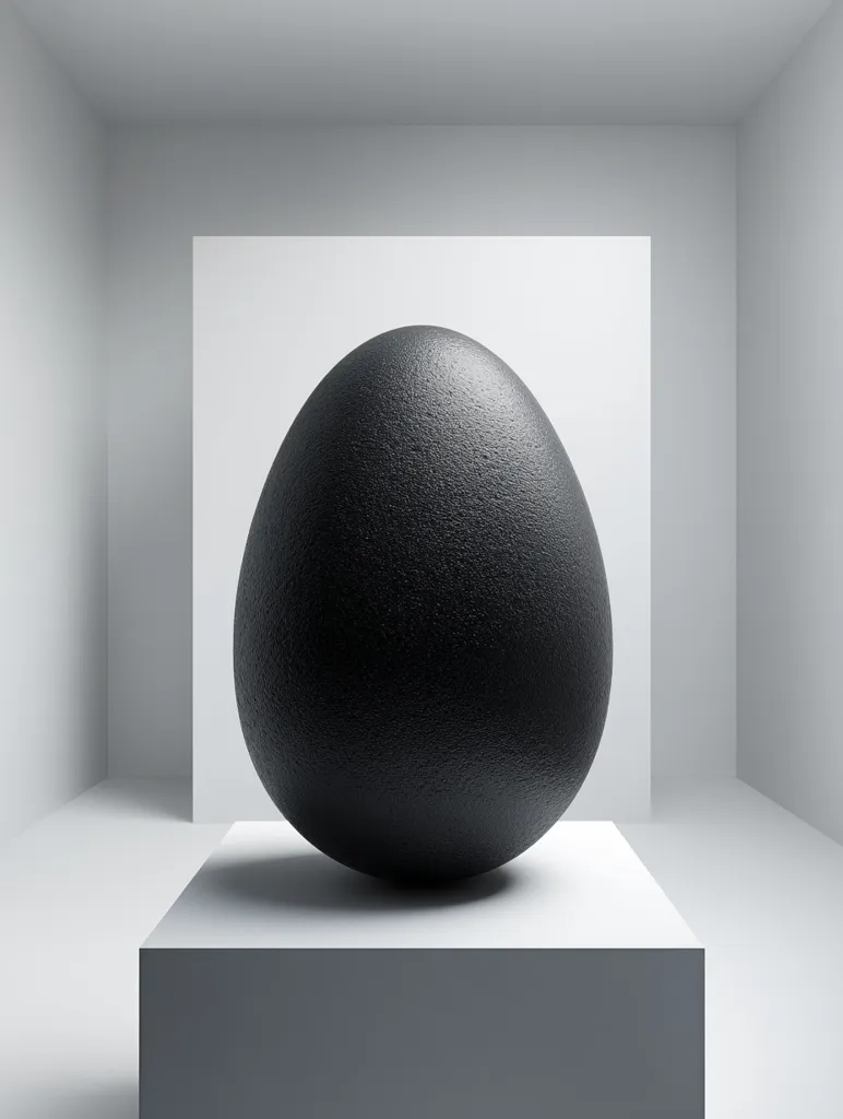 A large, matte black egg-shaped object rests on a small, white pedestal in a minimalist, white room.  The egg's textured surface contrasts with the smooth, clean lines of its surroundings. The scene is stark, simple, and focuses attention solely on the single, dark object. The lighting is even, creating minimal shadows.