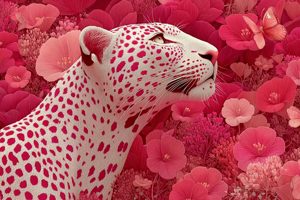 A stylized image depicts a white leopard with vibrant pink spots, its head turned slightly upward.  The leopard is nestled amongst a profusion of pink flowers, creating a striking contrast. A delicate pink butterfly hovers near the leopard's face, adding to the dreamy, surreal atmosphere. The overall effect is one of serene beauty and artistic imagination.