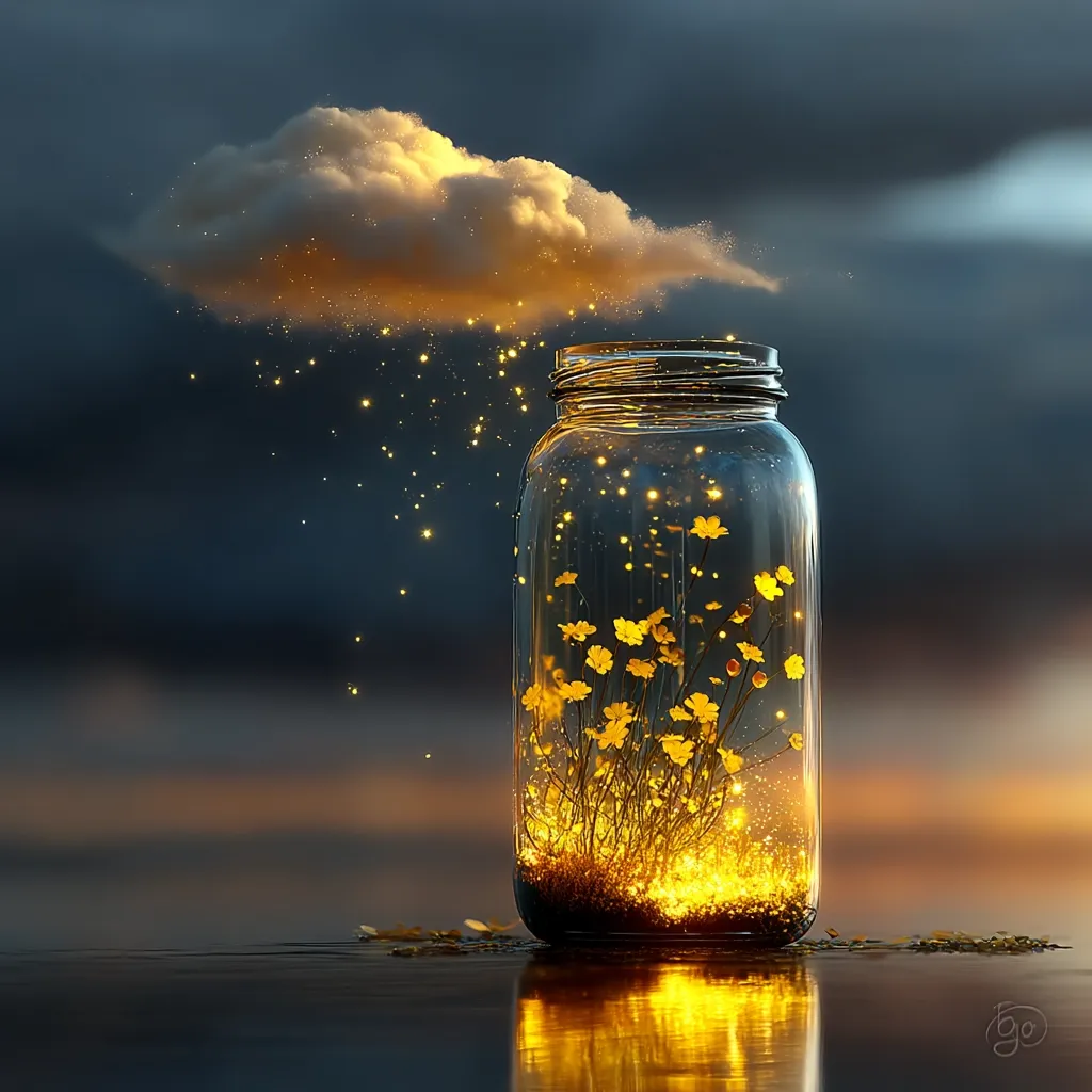 A mason jar sits on a dark surface, glowing from within.  Luminous yellow flowers, like fireflies, fill the jar.  Above, a golden-hued cloud releases sparkling particles, which seem to fall into the jar, creating a magical, ethereal scene at sunset.  The reflection of the jar enhances the enchanting ambiance.