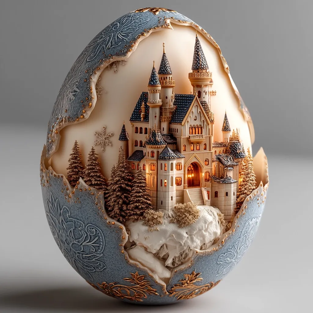 A meticulously crafted eggshell features a miniature, intricately detailed castle nestled within a winter scene.  The castle, illuminated from within, sits on a snowy hillside surrounded by miniature evergreens.  The eggshell itself is delicately decorated with a blue and gold design, creating a stunning contrast to the warm tones of the castle.  The artistry is breathtaking, transforming a simple eggshell into a miniature work of art.