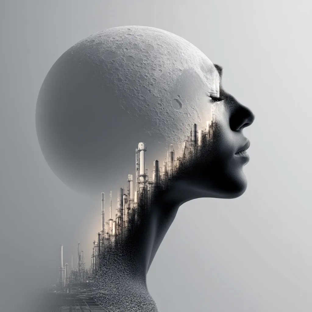 A striking monochrome double exposure image depicts a woman's profile superimposed with an industrial landscape and a moon.  The moon forms the head, while the industrial complex fills the interior, creating a surreal blend of nature, industry, and the human form. The overall effect is contemplative and thought-provoking, suggesting a connection between humanity and its impact on the environment.