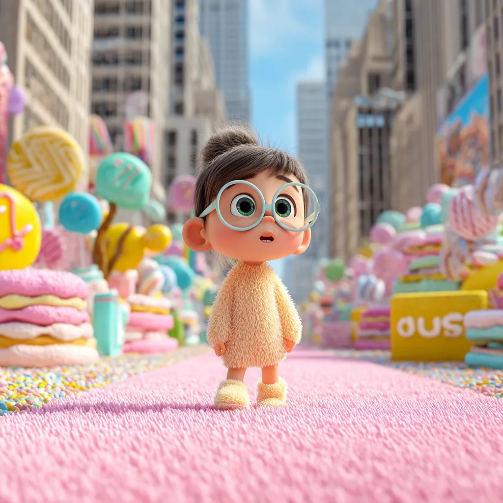 A cute, large-eyed cartoon girl with brown hair in a bun and light yellow fuzzy sweater stands on a pink, fluffy surface. She wears teal glasses and slipper-like shoes.  The background is a blurry cityscape with a whimsical candy-themed parade featuring oversized lollipops, macarons, and other sweets. The scene is brightly lit and cheerful.