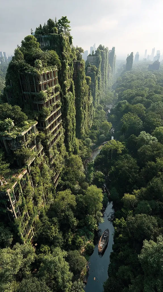 An aerial view reveals a cityscape reclaimed by nature.  Towering buildings, overtaken by lush vegetation, stand amidst a dense, vibrant forest. A narrow waterway snakes through the green landscape, with a lone boat peacefully resting on its surface.  The scene depicts a striking contrast between urban decay and the powerful resilience of nature.