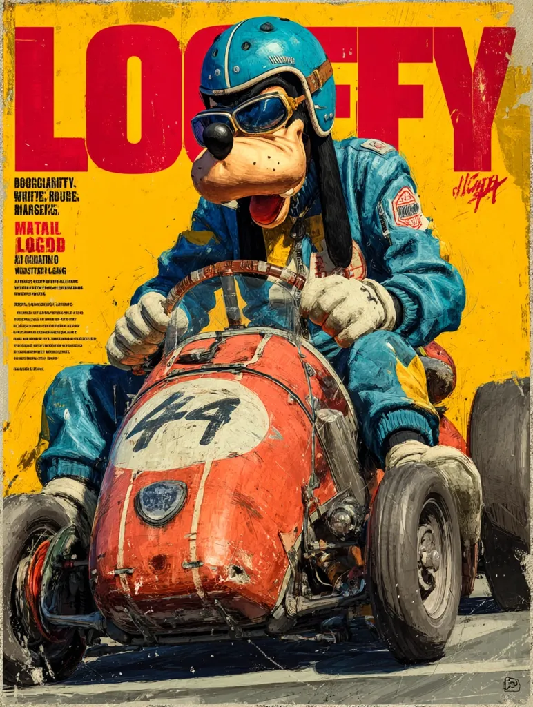 A vibrant poster depicts Goofy as a race car driver.  He's wearing a blue racing suit, helmet, and goggles, gripping the wheel of a vintage, red race car numbered "44". The style is a blend of vintage poster art and modern illustration, with bold lettering spelling "GOOFY" dominating the background.  The overall effect is energetic and nostalgic, showcasing Goofy in an unexpected and exciting context.