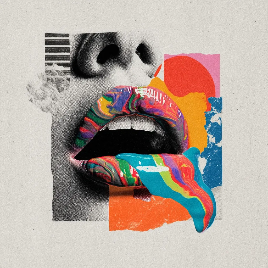 A vibrant collage features a close-up of a woman's mouth, rendered in black and white halftone.  Her lips are painted with a swirling, multicolored gloss that drips dramatically below.  Surrounding the central image are bold geometric shapes and textured paper scraps in complementary orange, pink, and blue tones, creating a striking, modern aesthetic.  The overall effect is bold and expressive.