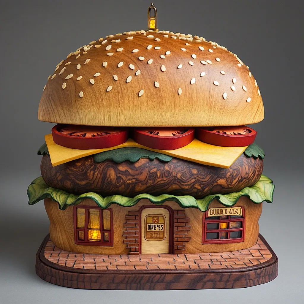 A meticulously crafted wooden burger sculpture stands as a miniature architectural marvel.  The detailed bun, patty, cheese, and tomato slices are layered atop a small building facade, complete with windows and signage that reads "BURRD ALX" and "ORB12's".  The craftsmanship is exceptional, showcasing the grain and color variations of the wood used to create this unique piece.  A small light illuminates one of the windows.