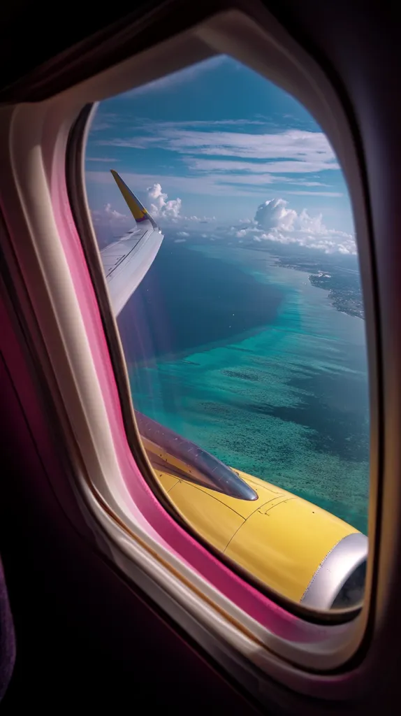 A vibrant view from an airplane window reveals a breathtaking expanse of turquoise ocean water, teeming with vibrant coral reefs.  Part of the plane's yellow wing and engine are visible in the foreground, contrasting against the bright blue sky dotted with fluffy white clouds. The scene captures the beauty of aerial travel and the stunning natural world below.