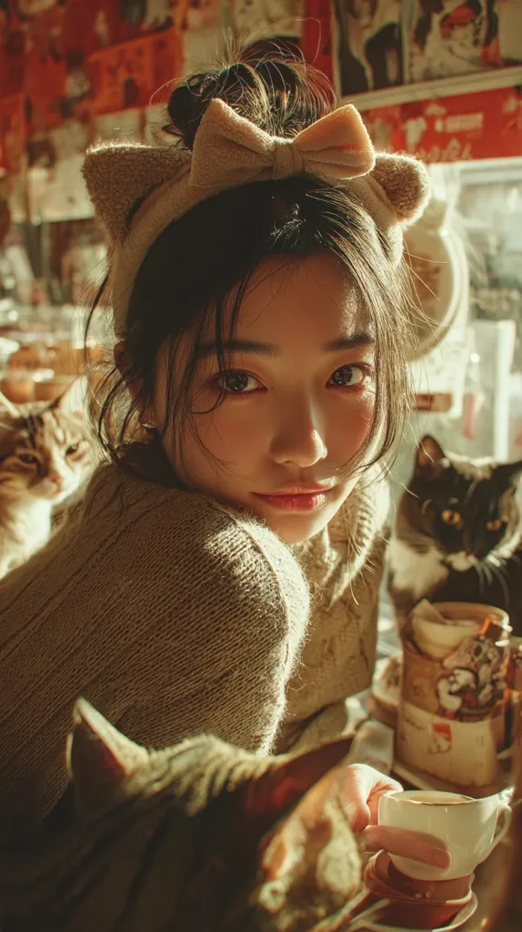 A young woman with dark hair styled in a bun, adorned with a cat-ear headband, sits surrounded by cats.  She wears a cozy, light brown sweater.  The warm, sunlit setting suggests a comfortable, homely atmosphere.  She holds a small cup, possibly tea or coffee, and a relaxed contentment emanates from the scene.  The background features a wall covered in pictures and posters.