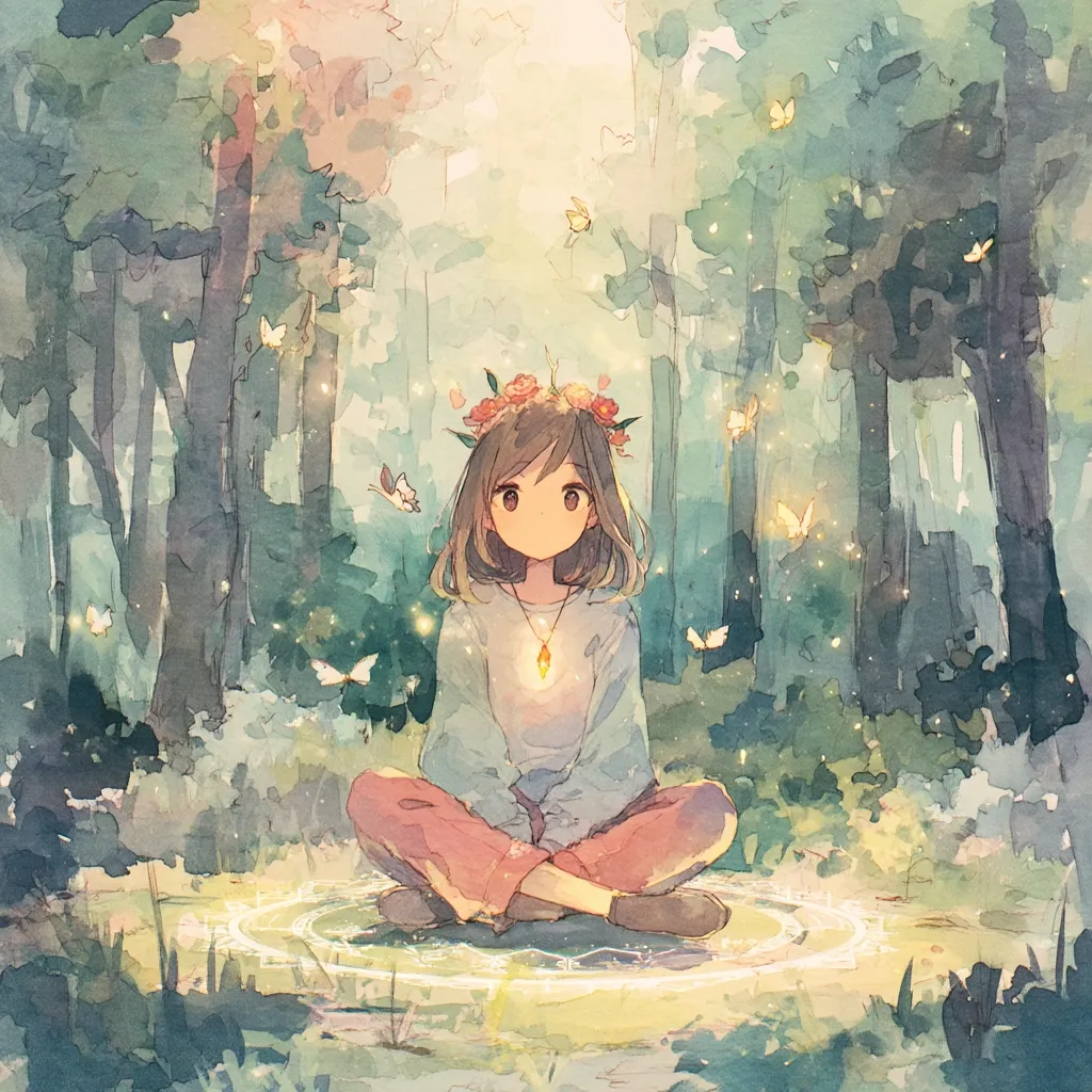 A young girl with brown hair, wearing a flower crown and a light-colored sweater, sits cross-legged in a sun-dappled forest clearing.  She wears a necklace with a glowing pendant.  Butterflies and sparkling lights surround her, creating a magical, serene atmosphere.  The watercolor style painting evokes a sense of peace and tranquility.