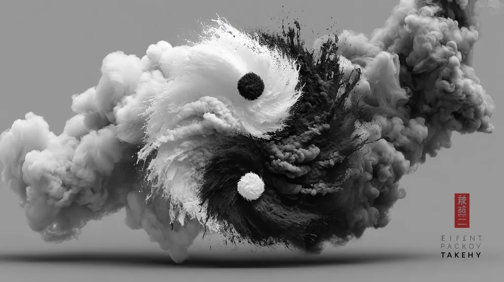 A grayscale image depicts a yin and yang symbol formed from swirling black and white smoke or ink.  The contrasting colors create a dynamic visual representation of opposing forces in equilibrium. The clouds of color explode outward, suggesting movement and energy.  The image is artistically stylized, possibly a digital creation.  The artist's name is subtly placed in the lower right corner.