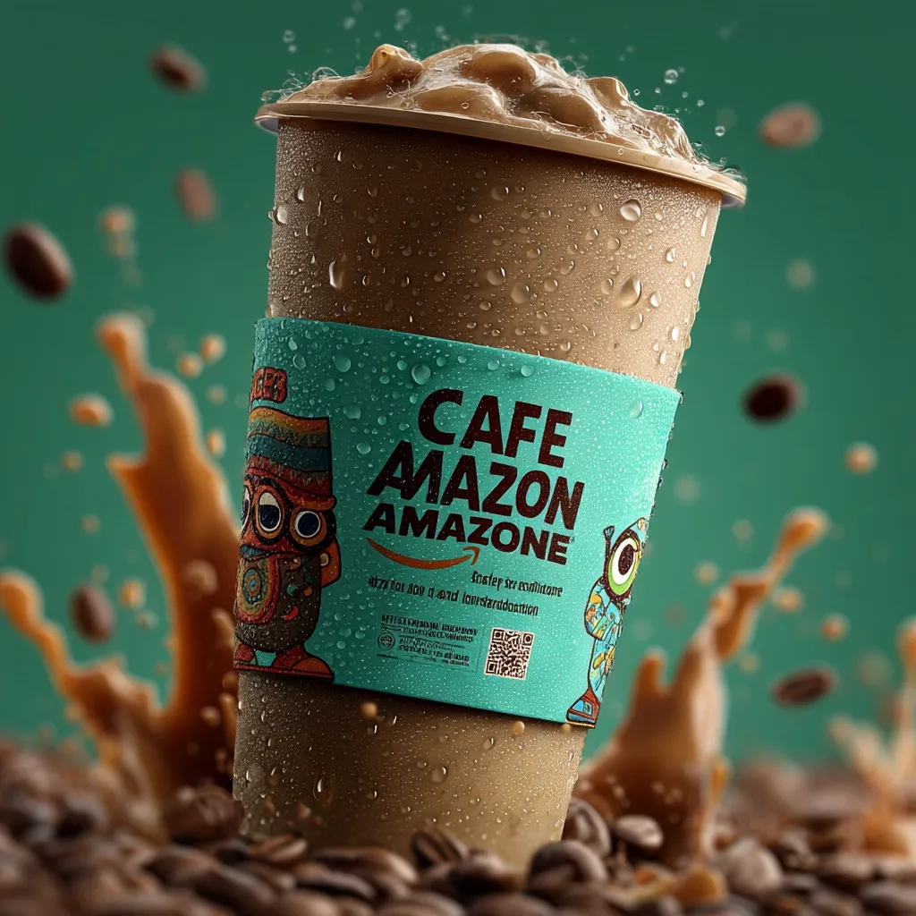 A tall, iced coffee drink from Cafe Mazon Amazone is shown, condensation clinging to its exterior.  The cup features a vibrant teal sleeve with playful cartoon characters and branding.  Coffee beans are scattered around the base, and a splash of coffee is visible behind the cup, suggesting freshness and energy. The overall image is visually appealing and emphasizes the drink's cold, refreshing quality.