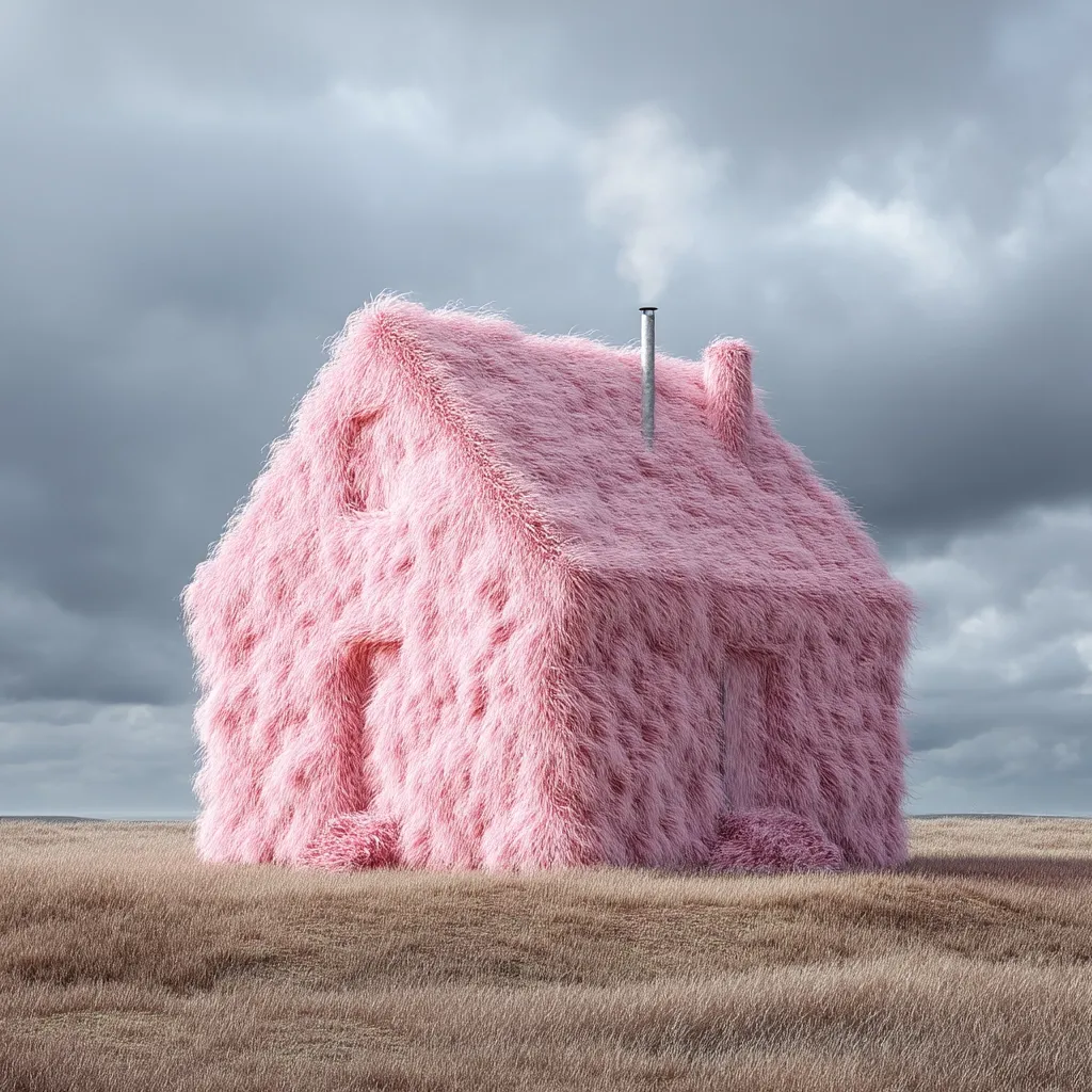 A whimsical, pink, furry house sits in a desolate, dry field under a cloudy sky.  The house is entirely covered in long, light pink fur, giving it a soft, surreal appearance. A thin, metallic chimney emits a wisp of smoke, adding a touch of realism to the fantastical scene. The overall mood is dreamlike and slightly unsettling.