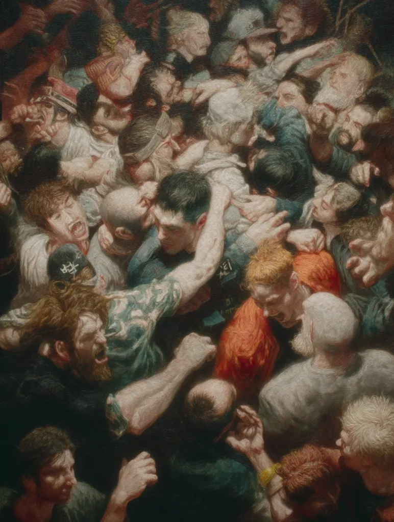 A dense throng of people, predominantly men, are depicted in a chaotic, almost violent embrace.  Faces are contorted in expressions ranging from anger to pain, and arms intertwine in a struggle.  The painting's dark palette and impasto technique create a sense of claustrophobia and raw emotion.  The scene suggests a moment of intense conflict or desperate struggle within a tightly packed crowd.