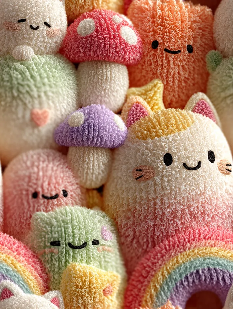 A close-up shot reveals a collection of adorable, pastel-colored plush toys.  These include various whimsical characters like mushrooms, bunnies, and cats, all with cheerful, simple faces.  The textures are soft and fluffy, creating a dreamy, comforting aesthetic. The overall color palette is a delightful mix of pinks, purples, greens, and oranges, evoking a sense of childlike wonder.