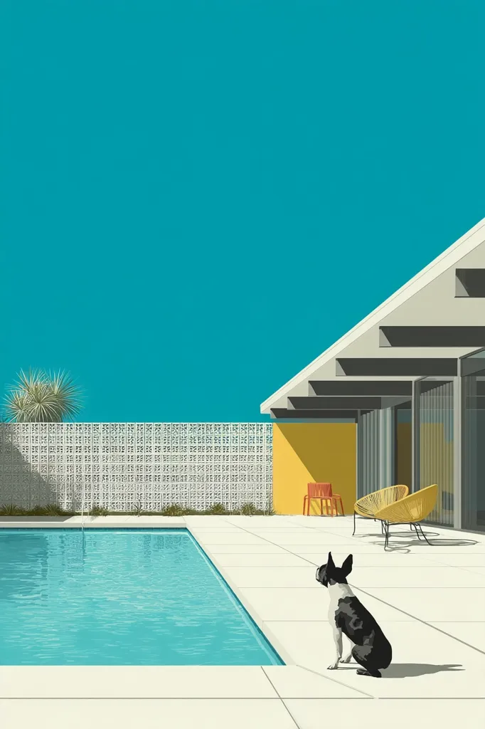 A mid-century modern home's poolside scene is depicted.  A black and white Boston Terrier sits by a turquoise swimming pool, gazing at the bright blue sky.  A yellow wall and patterned screen add pops of color to the minimalist architecture.  Two modern lounge chairs are visible near the house. The overall style is clean, graphic, and evokes a sense of calm.