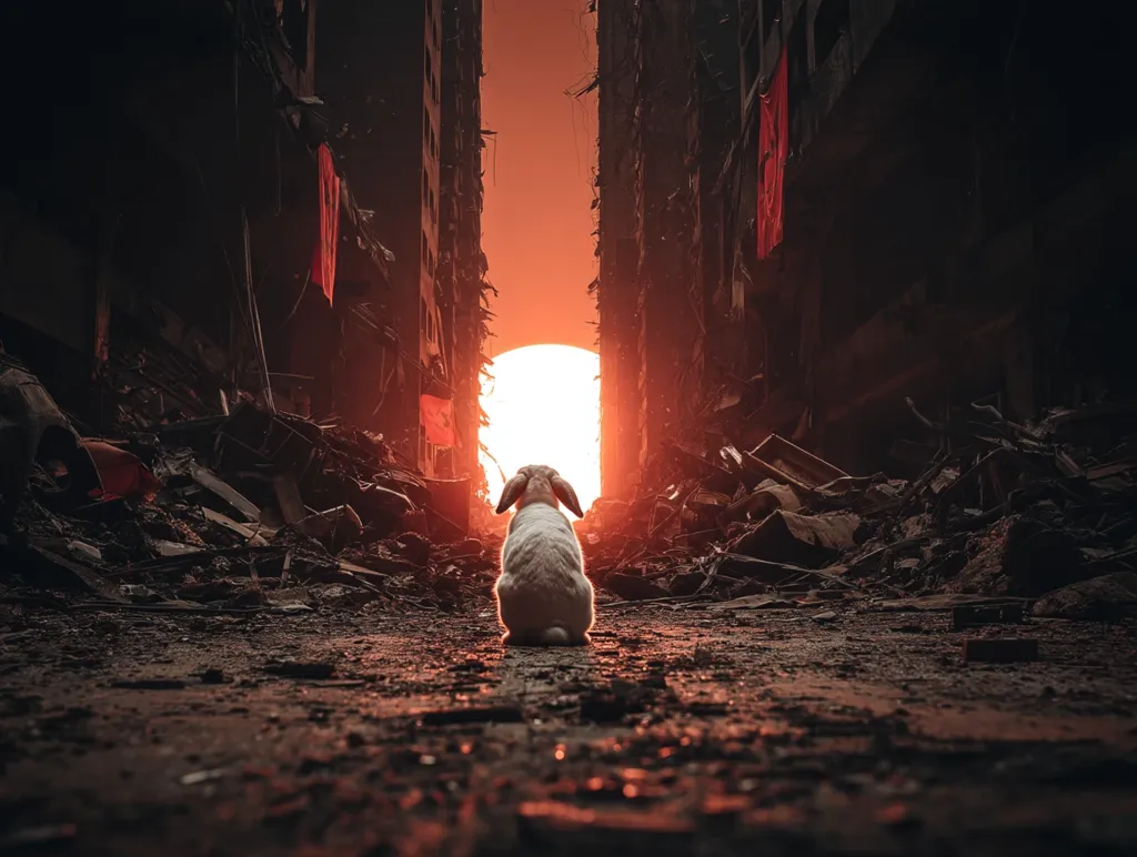 A lone white rabbit sits amidst the rubble of destroyed buildings, its back to the viewer.  A large, fiery sunset fills the gap between the crumbling structures, casting an orange glow on the scene.  The image evokes a sense of desolation and the aftermath of destruction, with the rabbit a symbol of vulnerability or resilience in the face of devastation.