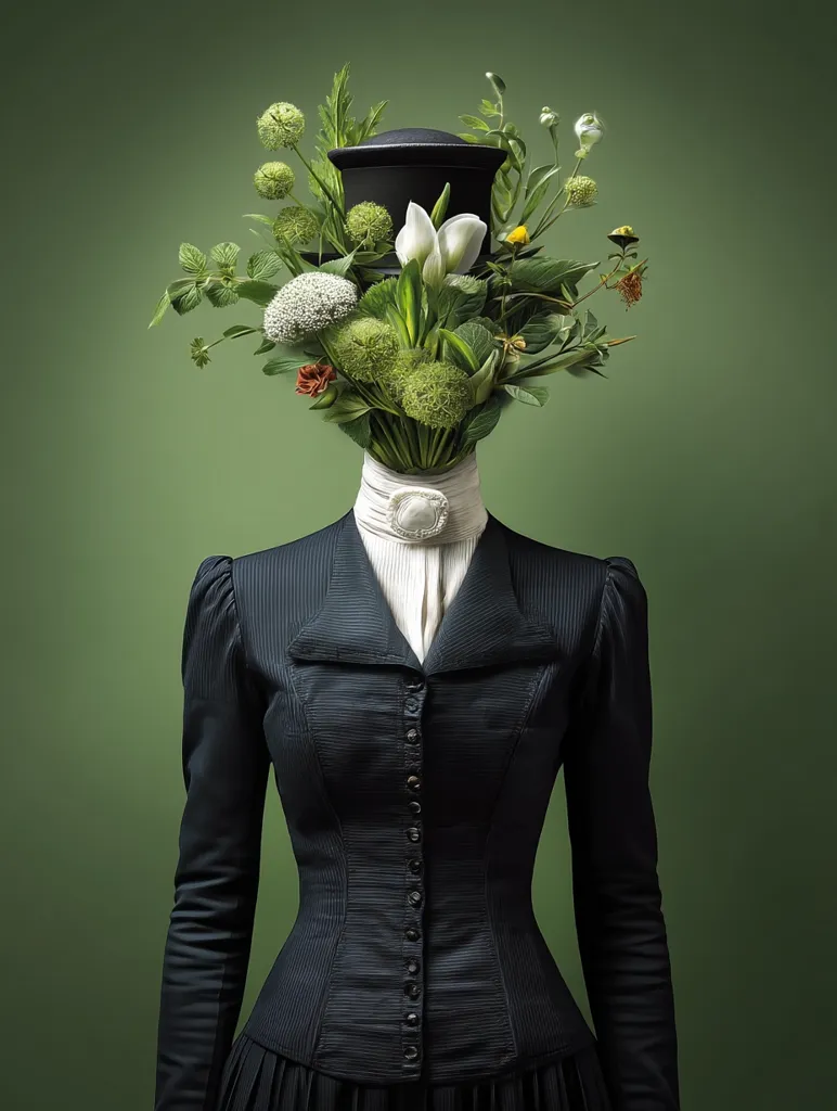 A surreal image depicts a Victorian-era woman's torso,  wearing a dark, buttoned bodice.  Her head is replaced by a top hat overflowing with a lush bouquet of varied green foliage and white flowers. The contrast between the formal attire and the vibrant floral arrangement creates a striking and imaginative composition.  The backdrop is a muted olive green.