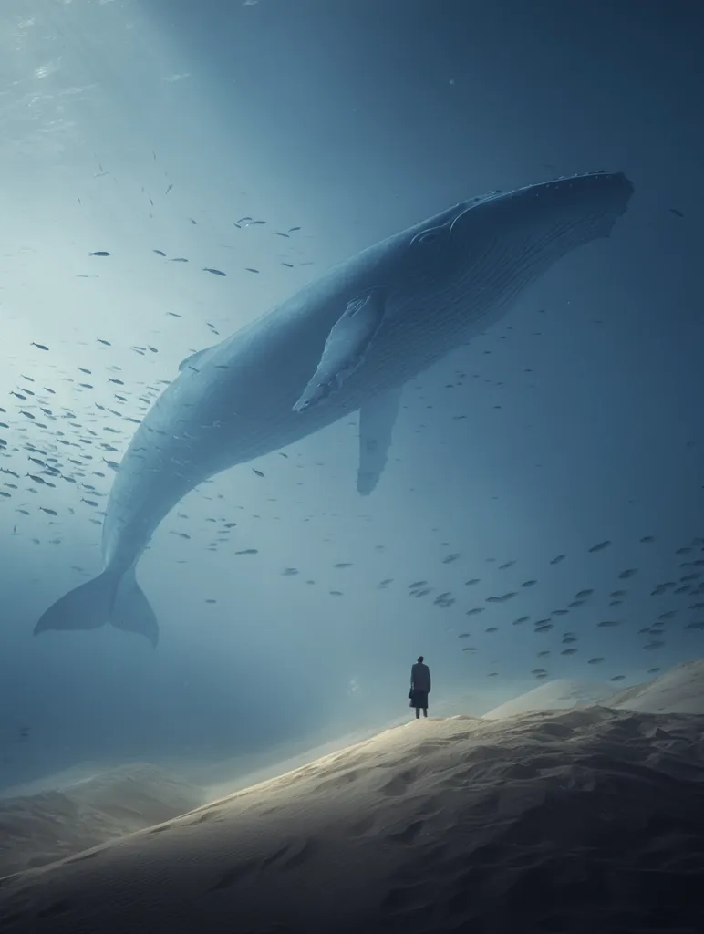 A surreal image depicts a colossal whale swimming beneath a tranquil ocean surface.  Schools of small fish surround the whale.  A lone figure, silhouetted against the light, stands on a sandy dune overlooking the underwater scene, creating a sense of awe and scale. The color palette is muted blues and greys, enhancing the dreamlike atmosphere.