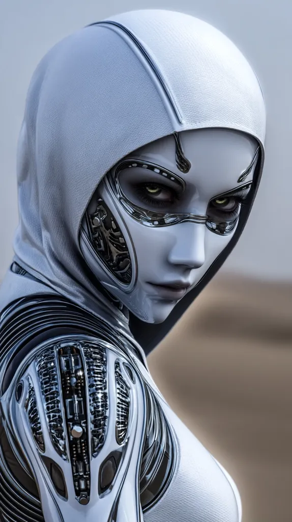 A close-up shot reveals a female android, her face partially obscured by a white hooded garment.  Metallic, intricate details are visible on her face and arm, suggesting a blend of organic and mechanical elements. Her expression is serious, almost stoic, and her eyes, though partially hidden, hold a captivating intensity. The background is blurred, focusing attention on the android's striking features. The overall aesthetic is futuristic and slightly mysterious.