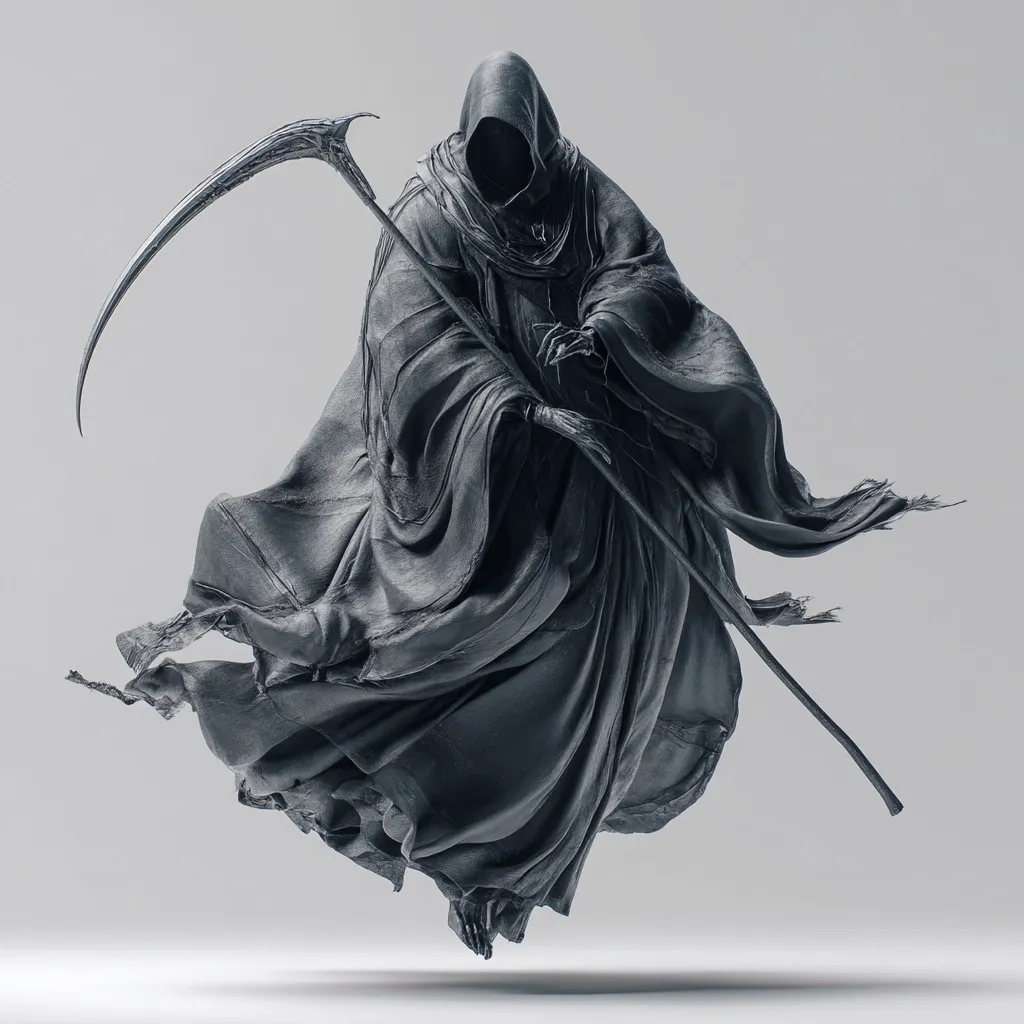 A monochrome digital rendering depicts the Grim Reaper in dynamic motion.  Clad in a flowing, dark robe, the figure is airborne, its hooded head obscured by shadow.  A long, curved scythe is held gracefully in one hand, adding to the ethereal and somewhat menacing effect. The overall style is artistic and stylized, emphasizing form and texture.