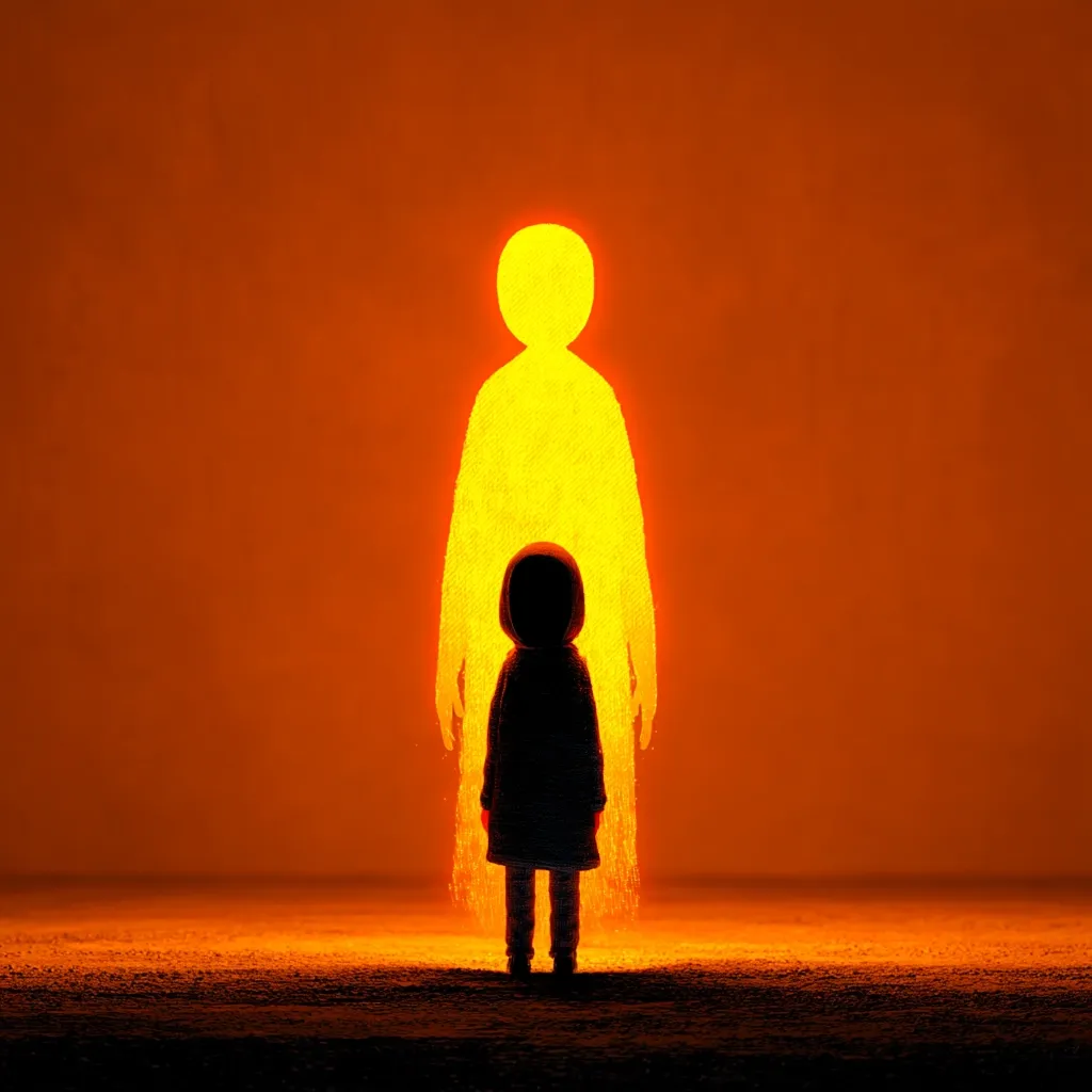A small, silhouetted child stands before a large, luminous, golden figure resembling a person.  The orange background enhances the ethereal glow of the larger figure. The scene evokes a sense of mystery, perhaps representing a child's connection to a guardian spirit or an imagined protector. The contrast between the dark child and radiant figure is striking.