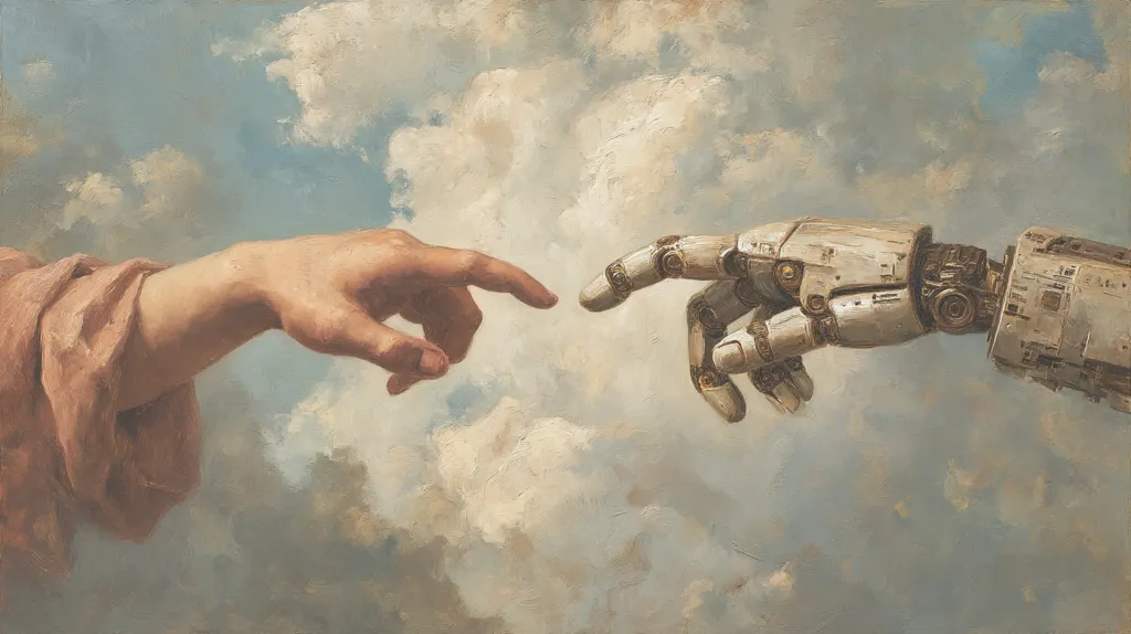 A painting in the style of Michelangelo's "Creation of Adam" depicts a human hand and a robotic hand reaching towards each other against a cloudy sky.  The human hand is flesh-toned and softly rendered, while the robotic hand is metallic and detailed, showcasing intricate gears and mechanisms. The juxtaposition creates a striking visual commentary on humanity and artificial intelligence.  The overall palette is muted, with blues, greys, and browns dominating the scene.