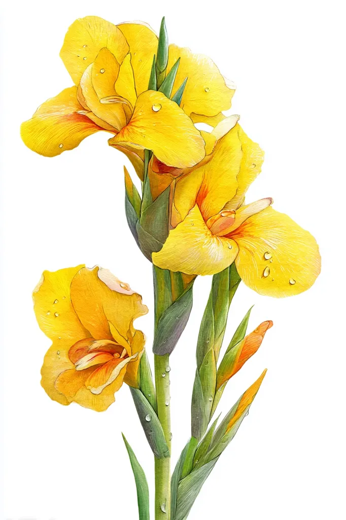 A botanical illustration showcases a vibrant cluster of yellow Canna lilies.  Delicate water droplets cling to the petals, enhancing their bright hue.  The lilies are depicted with meticulous detail, from the subtle veining of the petals to the verdant stems and unopened buds.  The image is set against a clean white background, allowing the flowers to command full attention.