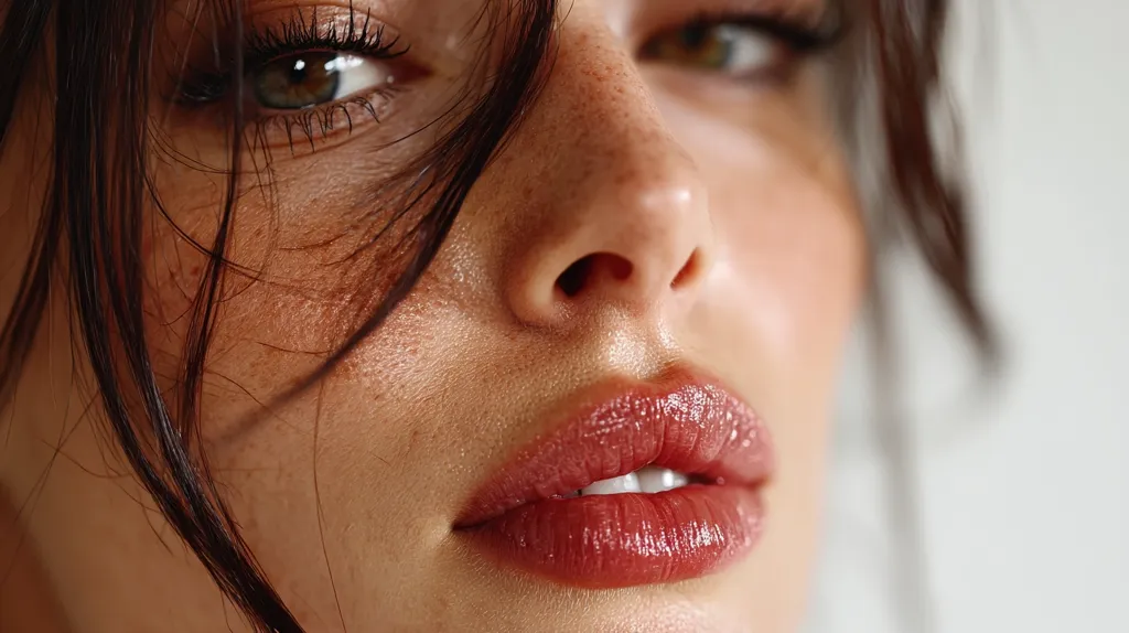 Close-up of a woman's face, showcasing her hazel eyes, freckled skin, and full lips with a mauve-toned lip gloss.  Dark brown hair partially obscures her face, adding a sensual and intimate feel to the image. The lighting emphasizes the natural beauty of her skin and the subtle sheen of the lip gloss.  The overall mood is soft and alluring.