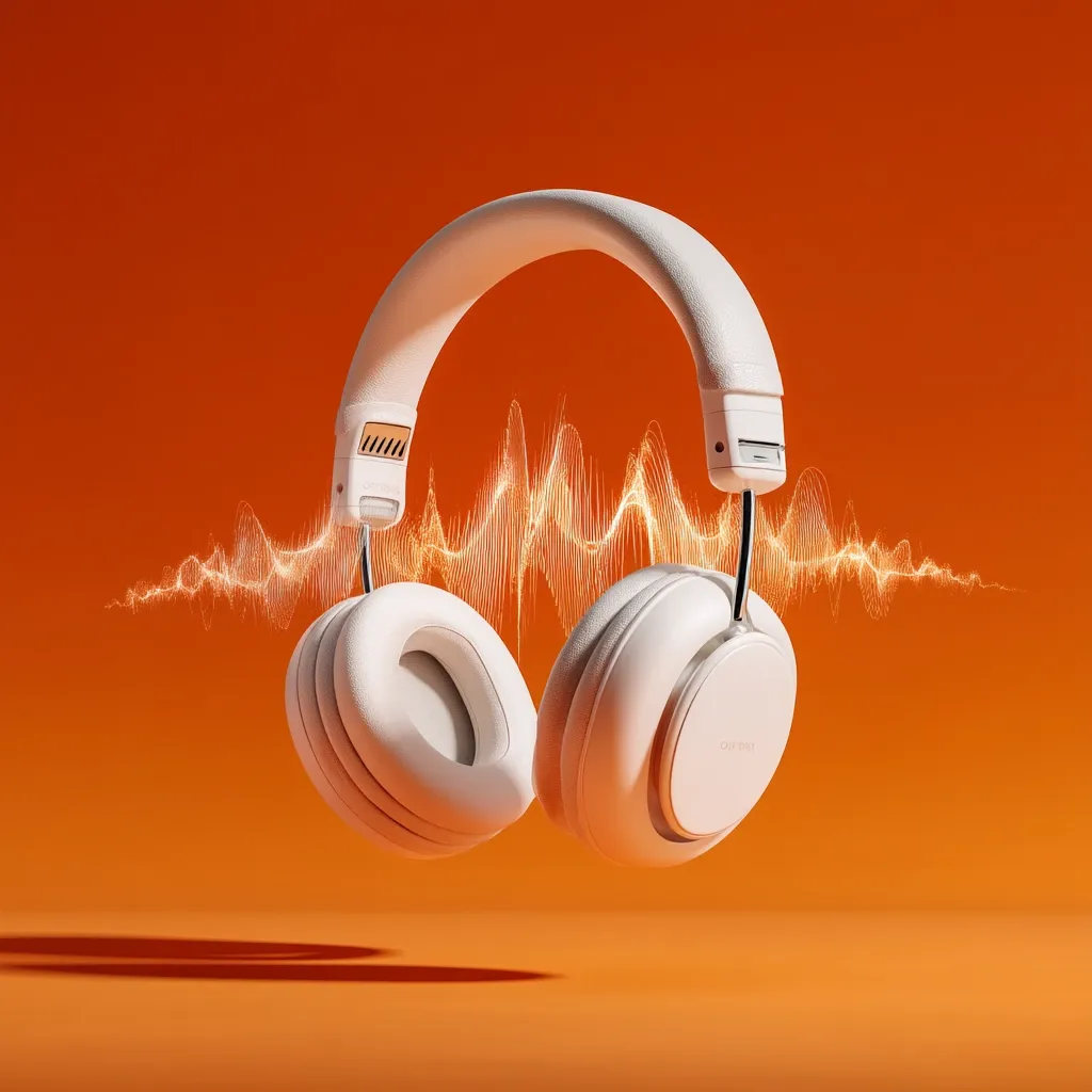 A pair of white over-ear headphones floats against a vibrant orange background.  A stylized, luminous sound wave emanates from the headphones, visually representing the audio experience. The image is clean and modern, emphasizing the headphones' sleek design and the quality of the sound they produce.  The overall aesthetic is one of minimalist elegance and high-fidelity audio.