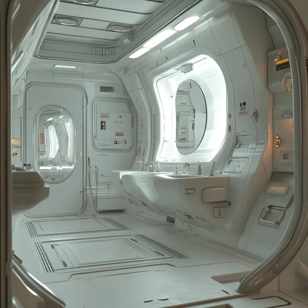 A futuristic, minimalist bathroom is depicted.  The all-white space features smooth, curved walls and integrated fixtures.  Porthole-like windows offer glimpses of other areas.  The design is clean and sleek, suggesting a spacecraft or advanced technology setting.  The overall impression is one of sterile elegance and futuristic functionality.