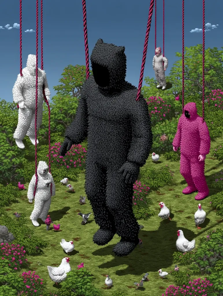 A surreal pixel art scene depicts fuzzy, hooded figures hanging from ropes in a garden.  A large black figure dominates the center, while smaller white and pink figures hang nearby.  Chickens roam freely in the lush, flowering landscape. The overall atmosphere is whimsical and slightly unsettling, suggesting a commentary on conformity or alienation.