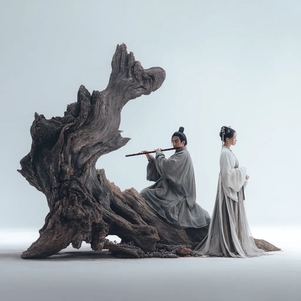 A man in traditional Chinese garb sits on a large, weathered tree stump, playing a flute.  A woman, similarly dressed, stands beside him, appearing to listen.  The scene is minimalist, with a muted color palette and a stark, white background, emphasizing the serene and contemplative mood. The image evokes a sense of classical Chinese art and poetry.