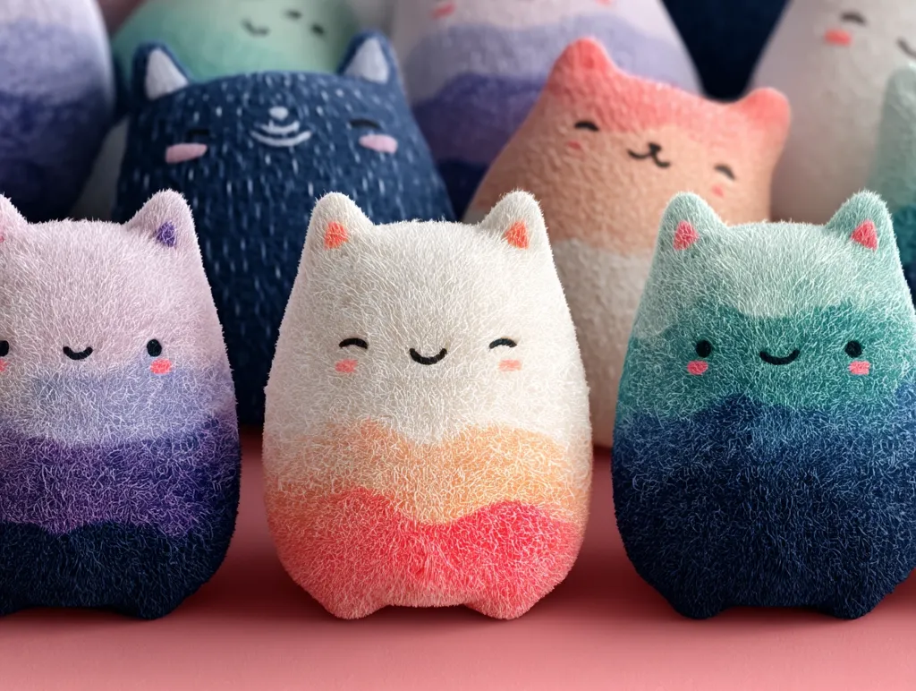 A collection of adorable, plush cat-like creatures in pastel ombre colors.  Each features simple, happy faces and a soft, textured fur. They're arranged closely together, creating a charming and cuddly scene. The color palette is soft and calming, with shades of pink, purple, blue, and white.  The overall style is cute and whimsical.