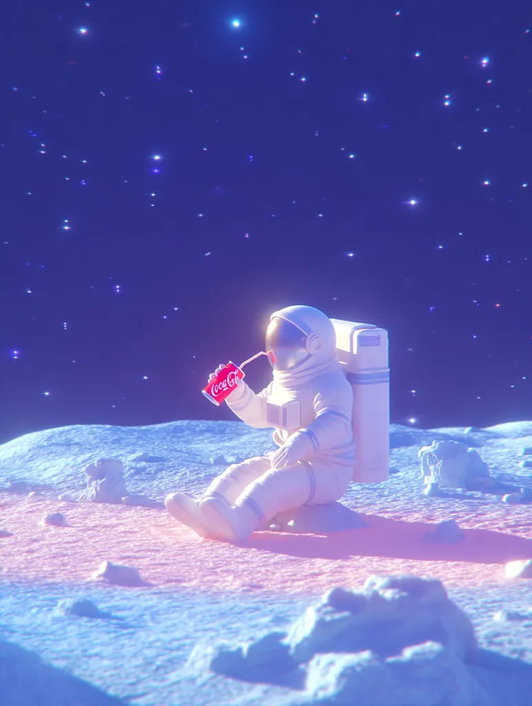 A stylized astronaut sits on a pastel-colored lunar surface under a starry night sky.  The astronaut, rendered in a smooth, almost toy-like fashion, leisurely enjoys a Coca-Cola can through a straw. The scene is peaceful and surreal, with a dreamy, otherworldly atmosphere. The colors are soft and muted, enhancing the tranquil mood.