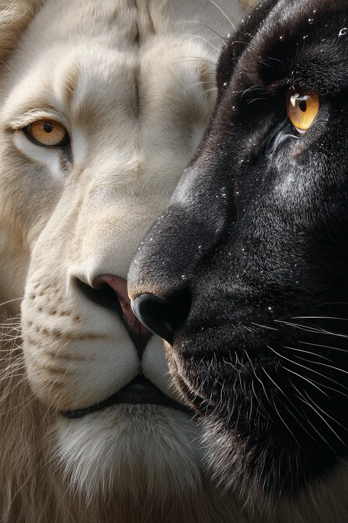 A close-up shows the faces of a white lion and a black panther, side by side.  Their eyes meet, showcasing contrasting colors and textures.  The lion's light fur is soft, while the panther's dark coat appears sleek and wet.  The image emphasizes the animals' powerful features and contrasting appearances.