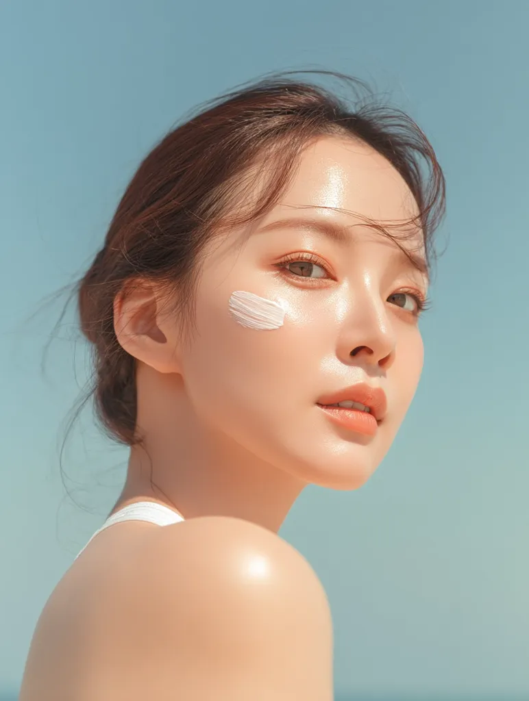Close-up of a young woman with glowing skin, a swipe of white cream on her cheek.  Her hair is pulled back, revealing her radiant complexion. She's positioned against a bright blue sky, suggesting a sunny outdoor setting.  The image evokes a sense of summer freshness and beauty.