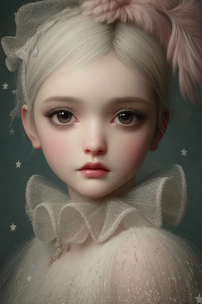 A digital painting of a young girl with pale skin and blonde hair.  She wears a delicate, ruffled white collar and a soft, feathery pink headband. Her large, expressive eyes and serene expression create a dreamy, ethereal quality. The background is a muted, dark teal with subtle hints of sparkle, enhancing the overall elegant and whimsical mood.