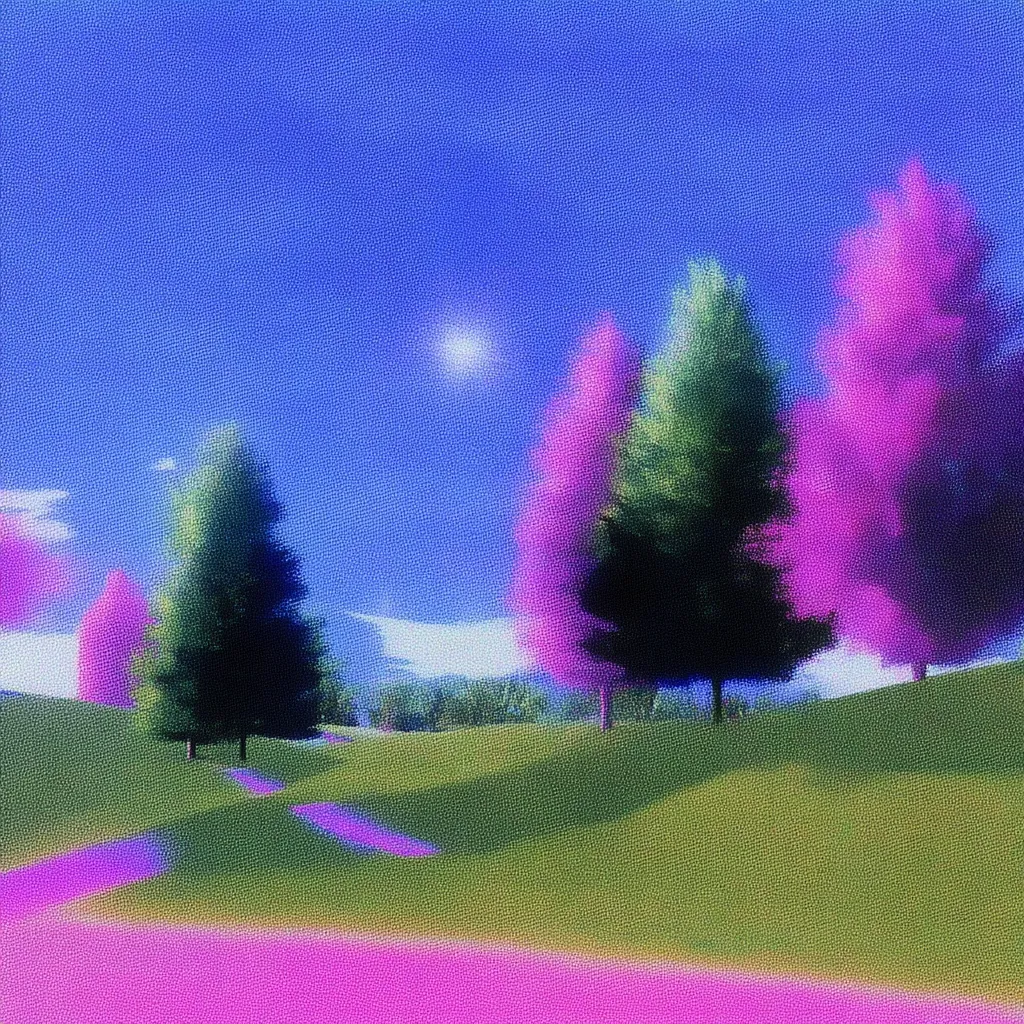 A stylized landscape painting depicts a serene scene under a vibrant blue sky.  Several trees, rendered in shades of green and vibrant pink, stand on a gently sloping green hill.  The style is impressionistic, with visible brushstrokes or pixelation, creating a soft, dreamlike effect.  Paths of pink meander across the foreground, adding to the whimsical atmosphere.  A faint sun or moon is visible in the sky.