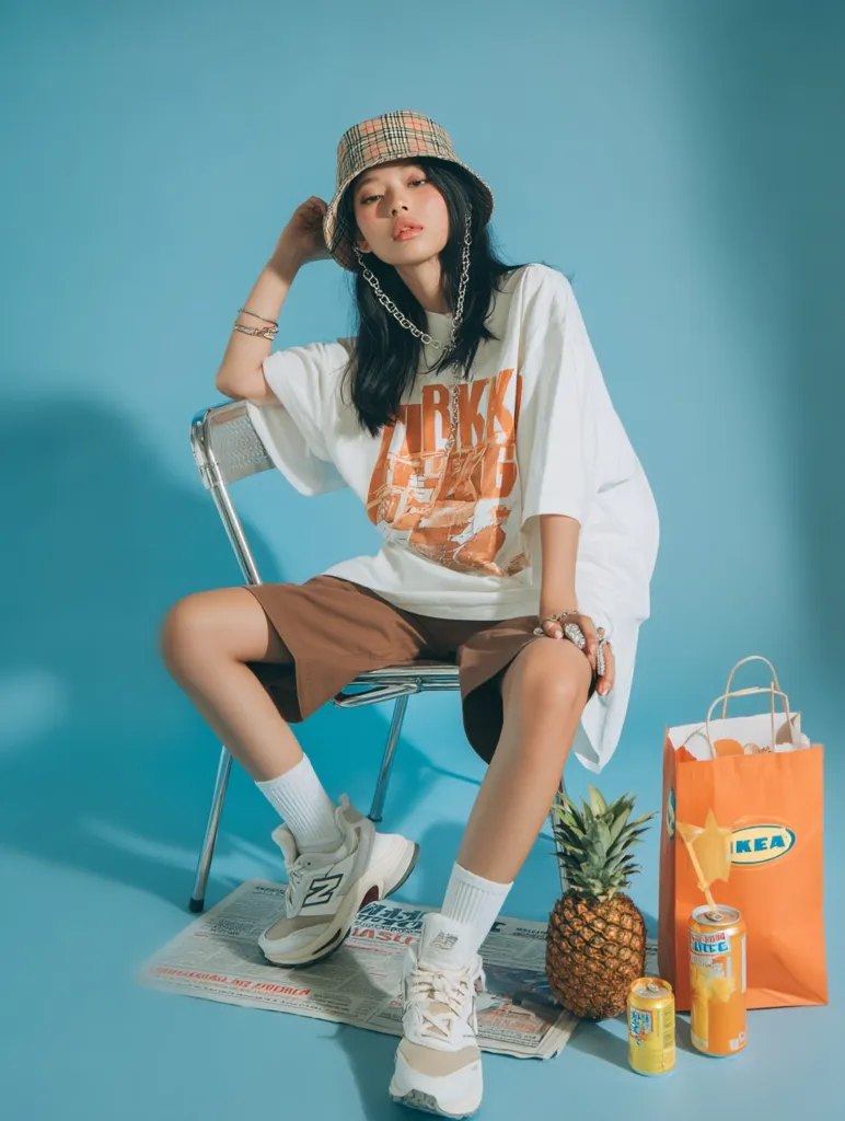 A young woman in a beige oversized t-shirt, brown shorts, and New Balance sneakers sits on a metal chair against a light blue background. She wears a plaid bucket hat and several necklaces.  An IKEA shopping bag and a pineapple sit beside her on a newspaper.  The overall aesthetic is casual and trendy.