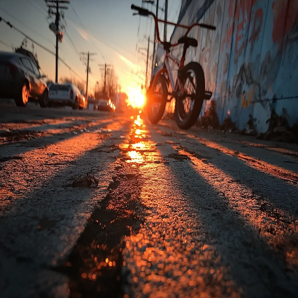 A BMX bike rests on a city street as the sun sets.  The low sun casts long shadows across the cracked pavement, illuminating the bike and reflecting in puddles.  Cars are parked in the background, slightly out of focus, emphasizing the warm glow of the setting sun.  A graffitied wall is visible to the right. The overall mood is serene and atmospheric.