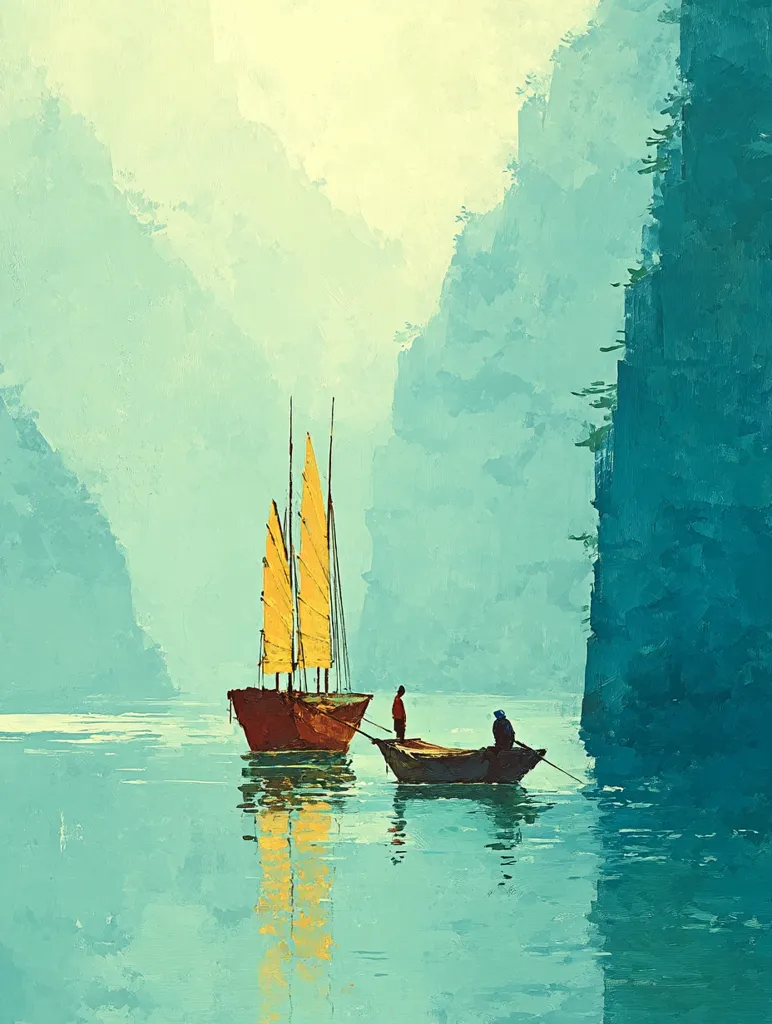 A tranquil painting depicts a junkship with yellow sails and a smaller rowboat in a serene, misty waterway.  Tall, dark cliffs rise on either side, framing the scene. Two figures are visible, one standing on the larger vessel and another rowing the smaller boat. The calm water reflects the boats and the soft, muted colors of the sky and cliffs, creating a peaceful atmosphere.  The style is impressionistic, with visible brushstrokes.