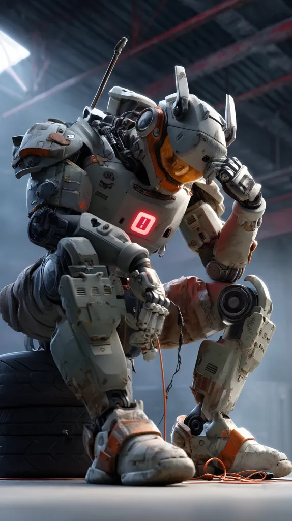 A weathered, humanoid robot sits pensively, its head in its hands.  The mech is predominantly grey and white with orange accents, displaying signs of wear and battle damage. It rests against a large tire in a dimly lit industrial setting.  A red illuminated symbol is visible on its chest. The scene evokes a feeling of loneliness and contemplation.
