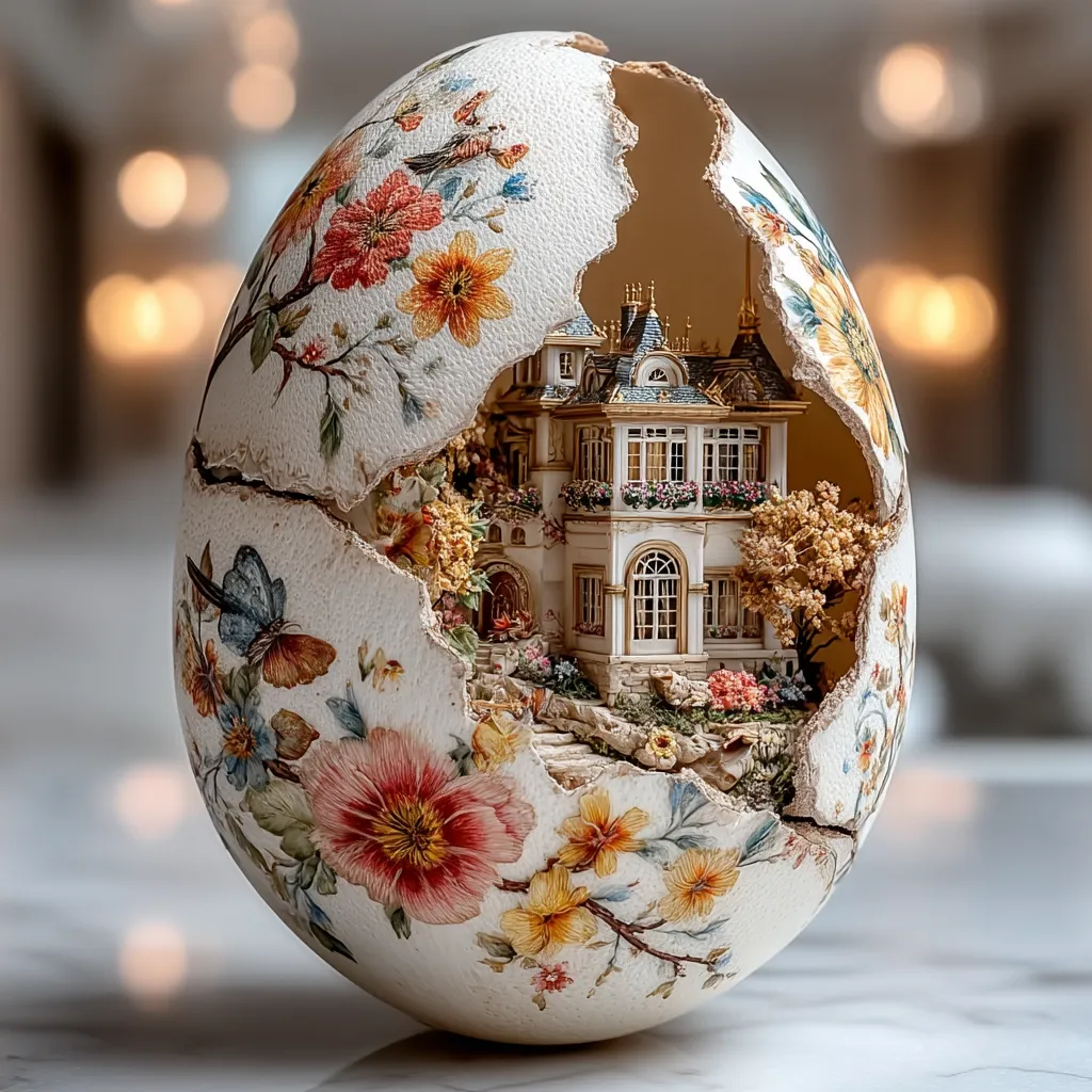A meticulously crafted eggshell, adorned with delicate floral paintings and butterflies, reveals a miniature house nestled within its cracked surface. The intricately detailed house, complete with a garden and landscaping, sits in a scene reminiscent of a fairytale.  The contrast between the delicate artwork on the shell and the detailed miniature creates a captivating piece of art.