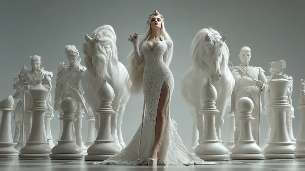 A fair queen, adorned in a white lace gown and crown, stands amidst a chessboard scene.  She is flanked by large white chess pieces sculpted as horses and soldiers. The overall aesthetic is monochromatic, with the queen and chess pieces rendered in varying shades of white against a neutral background, creating a striking and surreal image.