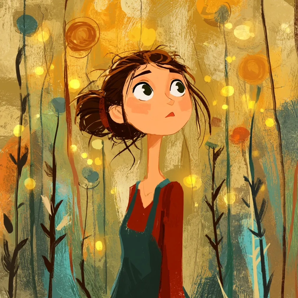 A stylized illustration depicts a young girl with brown hair, up in a bun, gazing upwards. She wears a maroon long-sleeved shirt over a teal pinafore.  The background is an abstract landscape of warm-toned flowers and glowing lights, suggesting fireflies or magical flora. The art style is expressive, with visible brushstrokes creating a dreamy, whimsical atmosphere. The girl's expression is one of wonder and curiosity.