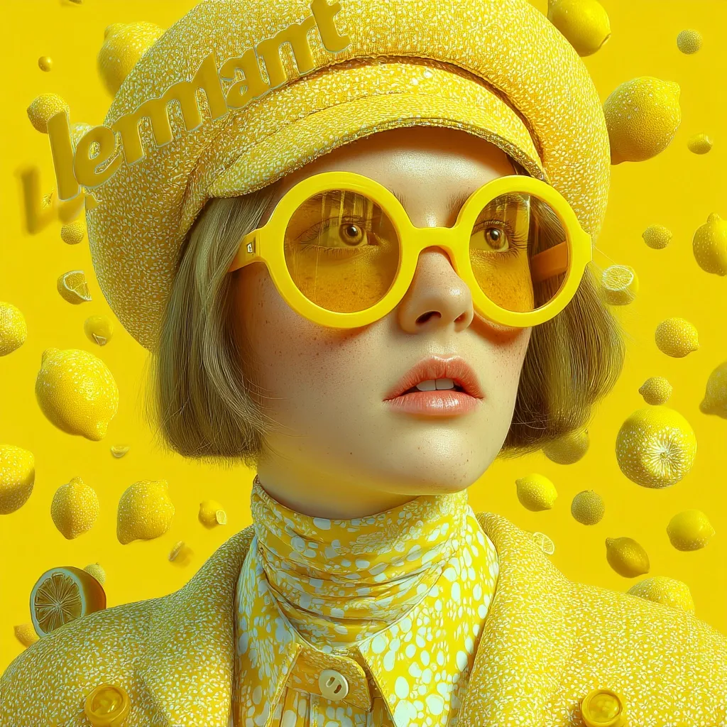 A young woman with a bob haircut wears a yellow newsboy cap, oversized round yellow sunglasses, and a yellow textured coat over a yellow and white patterned blouse.  She is surrounded by floating lemons against a bright yellow background.  The word "Lemant" is stylized on her cap. The overall image is vibrant and saturated in shades of yellow, creating a playful and visually striking effect.