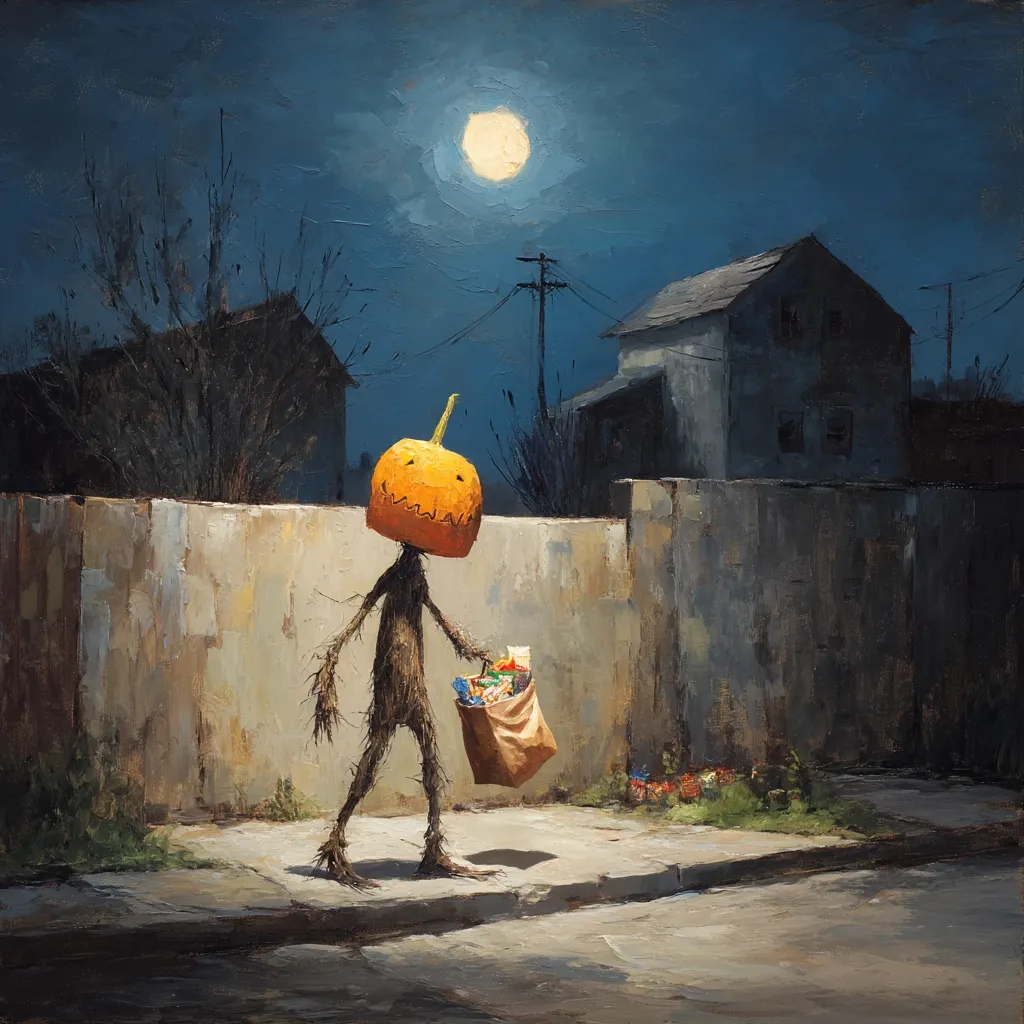 A whimsical painting depicts a scarecrow-like figure under a full moon. Its head is a carved pumpkin, and it carries a grocery bag. The scene is set on a quiet residential street at night, with houses and a wall in the background. The style is painterly and slightly dark, with a touch of Halloween-esque charm.  The overall mood is mysterious and evocative.