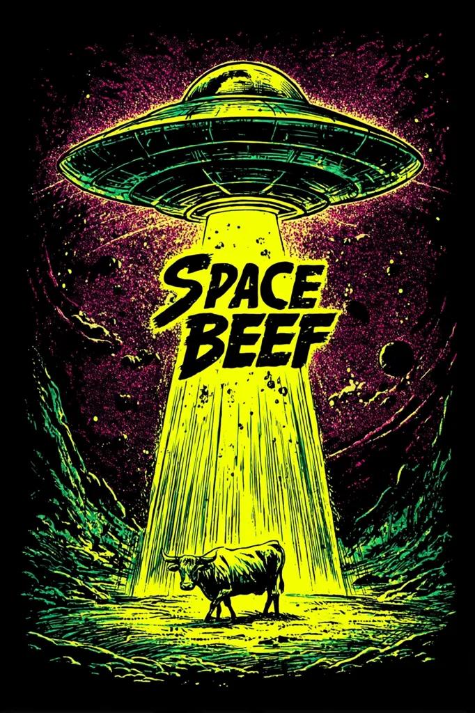 A vibrant, stylized artwork depicts a flying saucer emitting a bright green beam of light onto a lone cow in a dark, cosmic landscape.  The words "SPACE BEEF" are boldly displayed within the beam.  The style is reminiscent of vintage science fiction posters, with a gritty, hand-drawn texture and a striking color palette of neon greens, purples, and blacks.  The overall effect is humorous and slightly surreal.