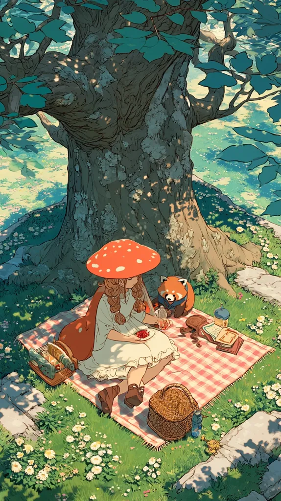 A whimsical illustration depicts a girl with a mushroom hat enjoying a picnic under a large tree.  She sits on a checkered blanket with a red panda companion, surrounded by wildflowers. A basket, books, and a drink are part of the idyllic scene, bathed in sunlight filtering through leaves. The artwork has a soft, dreamy aesthetic.